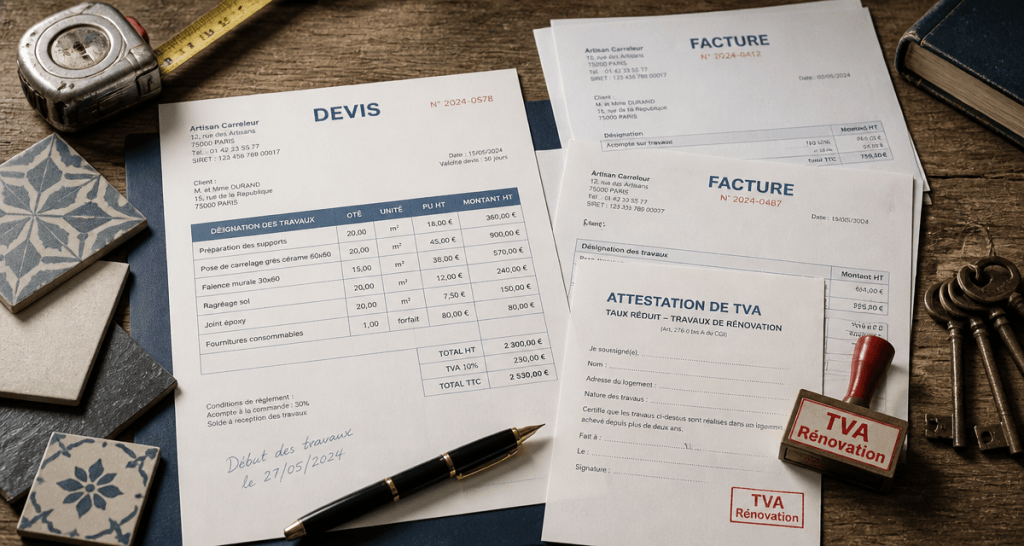 comment savoir si tva à 10 ou 20 travaux, bureau artisan, devis, attestation