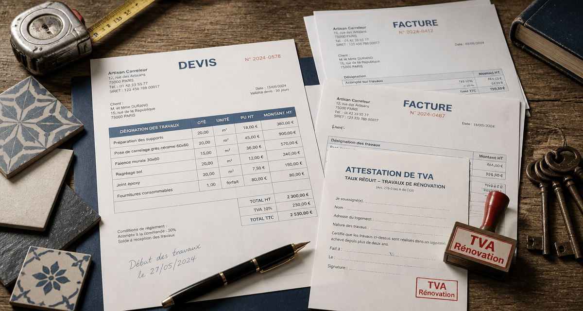 comment savoir si tva à 10 ou 20 travaux, bureau artisan, devis, attestation