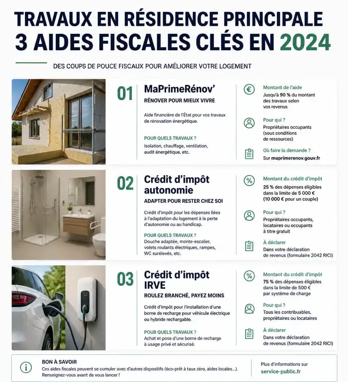 Résumé des aides et travaux déductibles impôts résidence principale 2024