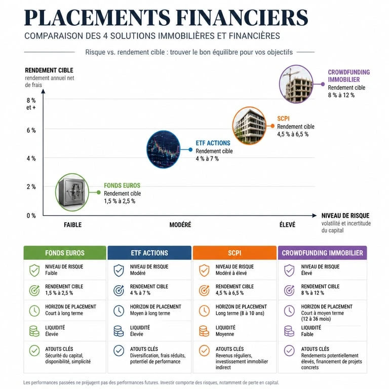 Comparatif visuel des placements pour investir 10000 euros : risque versus rendement