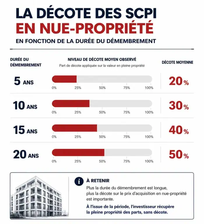 Infographie comparative de la décote des SCPI en nue-propriété selon la durée du démembrement