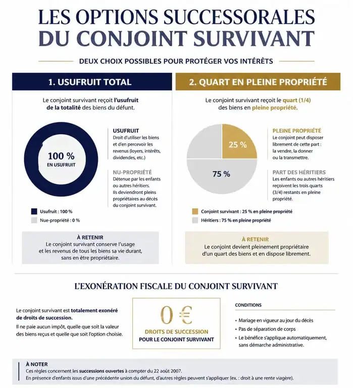 Infographie des options de succession pour le conjoint survivant : usufruit ou pleine propriété