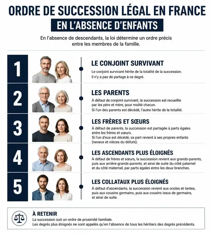 Infographie sur l'ordre de succession sans enfant avec testament