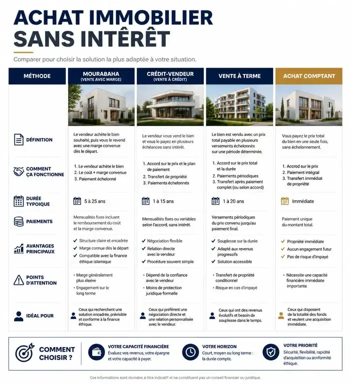 Infographie comparative des solutions de crédit immobilier halal et alternatives sans intérêt