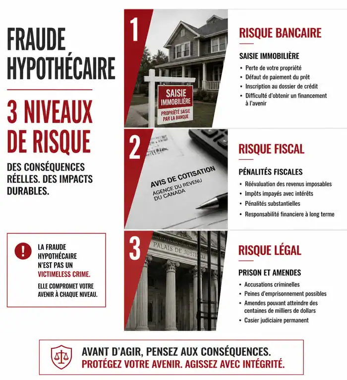 Infographie des risques de fraude au prêt immobilier : sanctions bancaires, fiscales et pénales