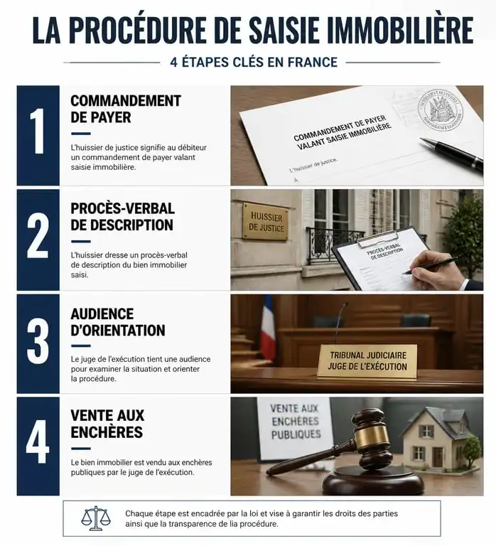 Infographie des étapes de la procédure de saisie immobilière en France