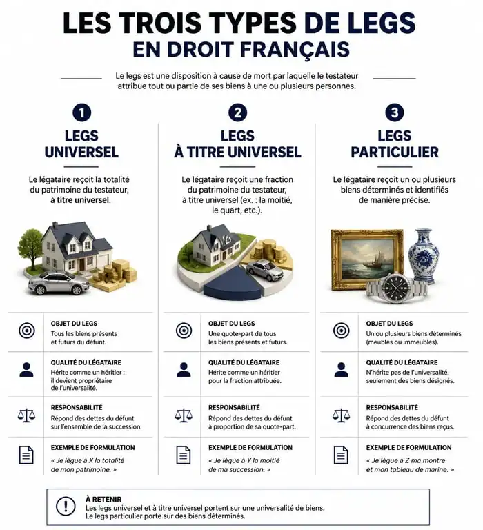 Comparatif des types de legs : universel, à titre universel et particulier en droit des successions
