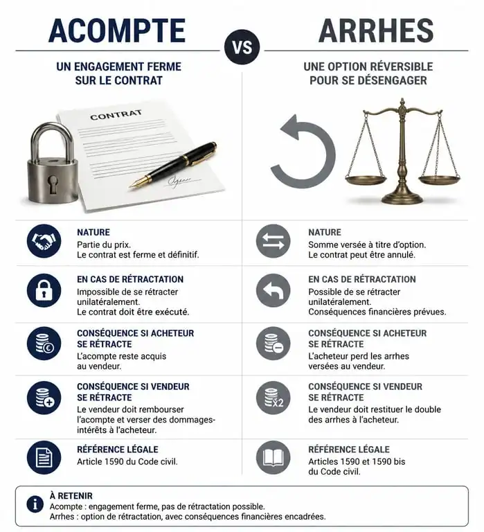 Infographie comparative entre acompte et arrhes pour comprendre la différence juridique lors d'un achat