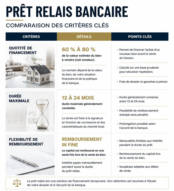 Infographie comparative des conditions de prêt relais bancaire : quotité, durée et flexibilité