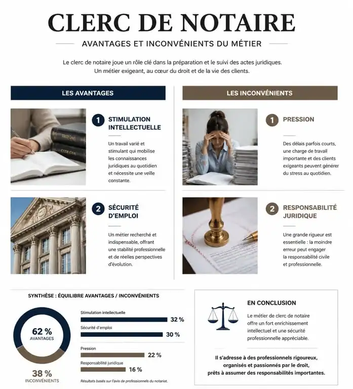 Infographie comparative des avantages et inconvénients du métier de clerc de notaire