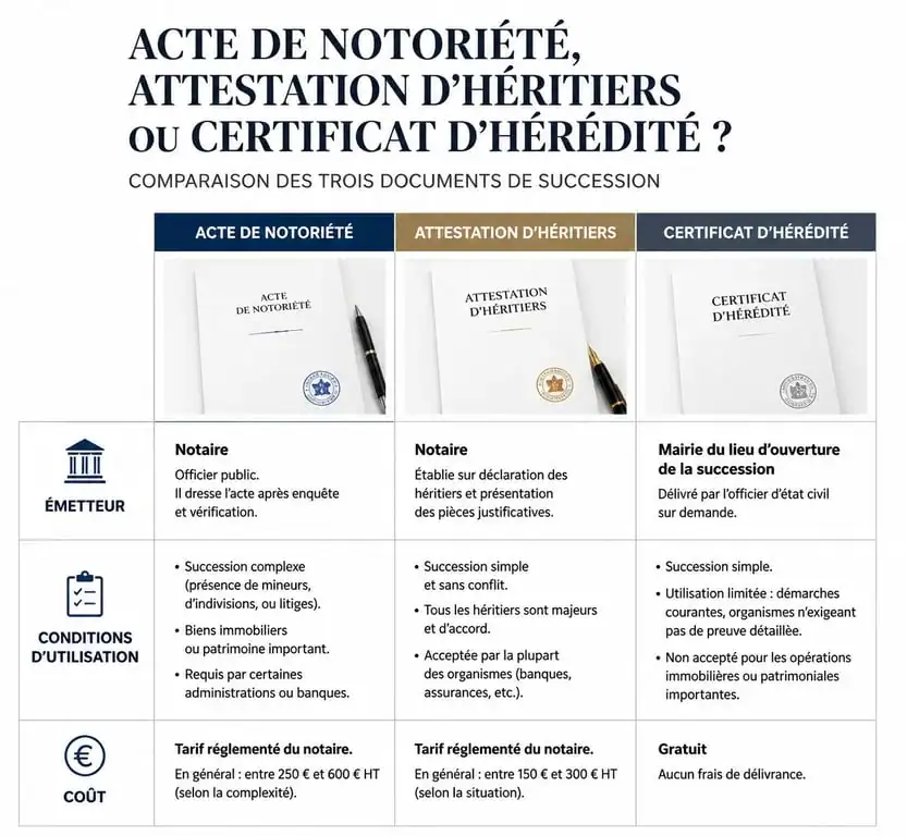 Comparatif des documents pour prouver sa qualité d'héritier : acte de notoriété, attestation et certificat d'hérédité