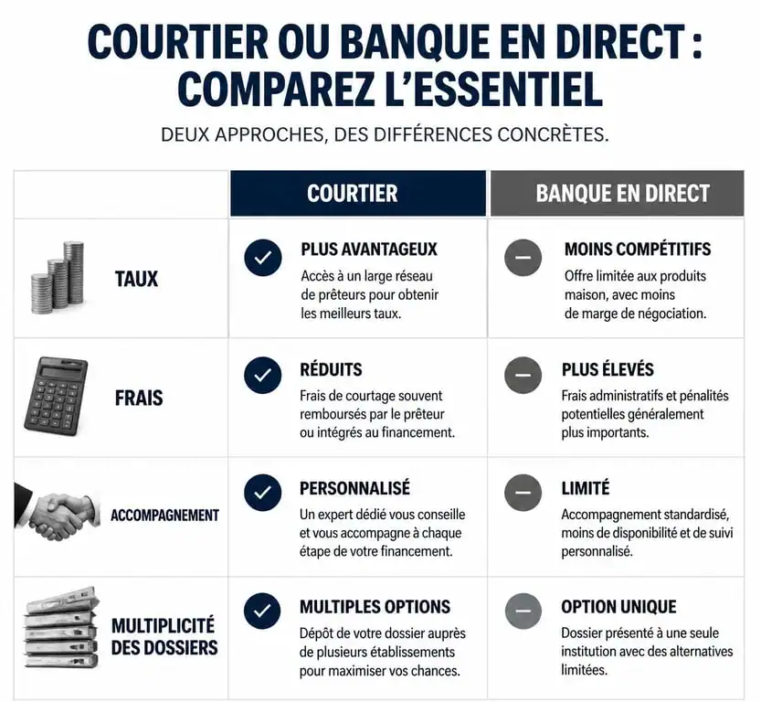 Infographie comparative : courtier en crédit immobilier vs banque en direct pour votre prêt