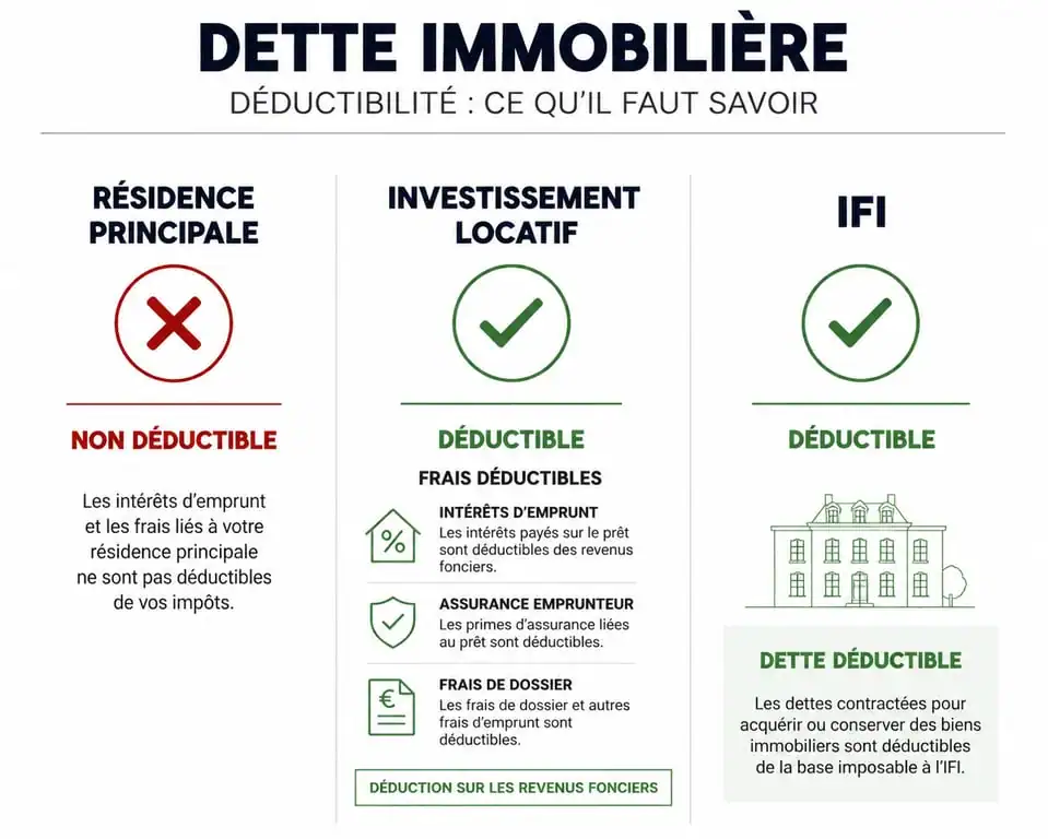 Infographie récapitulative sur la déclaration d'un prêt immobilier aux impôts selon le type de bien