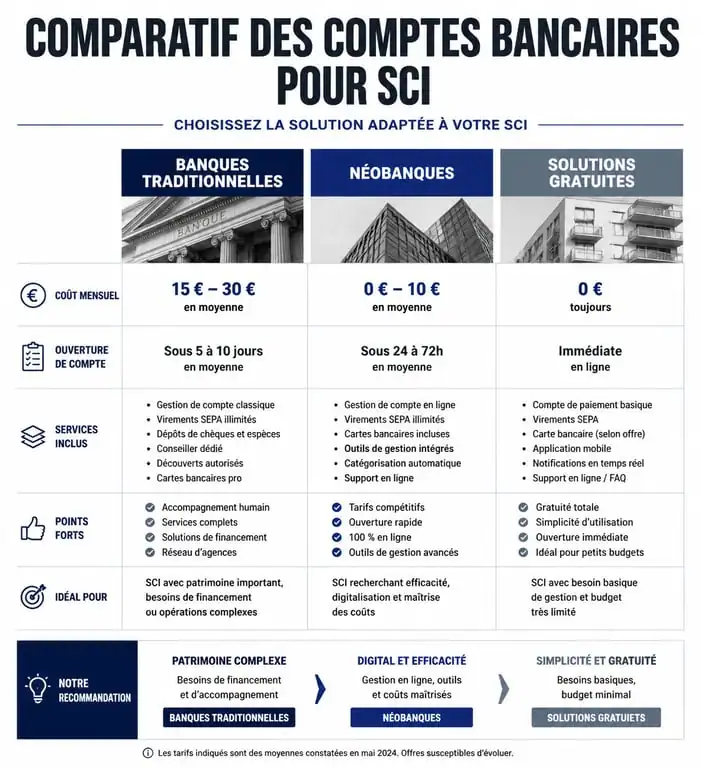Comparatif des offres de comptes bancaires pour SCI : banques traditionnelles, néobanques et comptes gratuits.