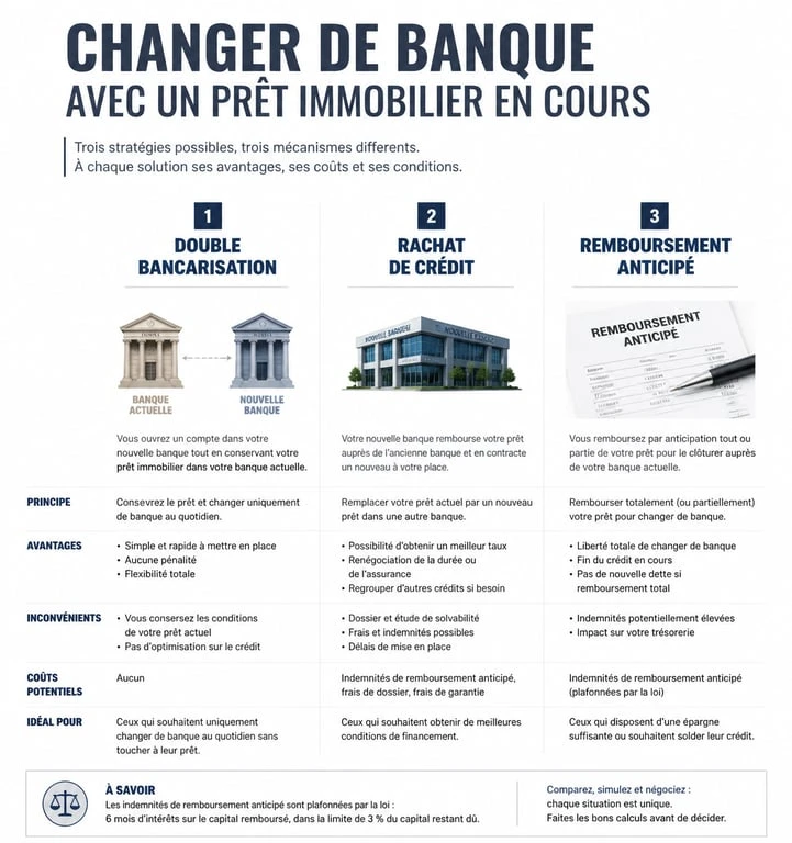 Infographie des trois stratégies pour changer de banque avec un prêt immobilier en cours