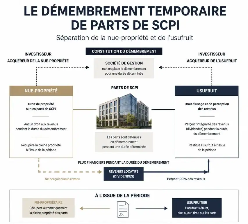 Schéma explicatif du fonctionnement de l'usufruit et de la nue-propriété dans le cadre d'un investissement en SCPI
