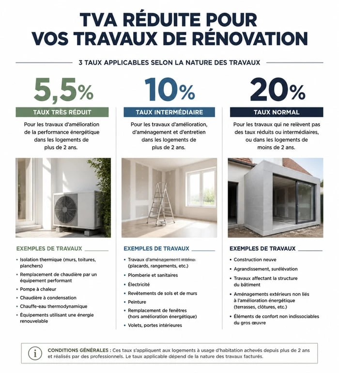 Infographie des taux de TVA applicables aux travaux de rénovation 10% 20% 5,5%