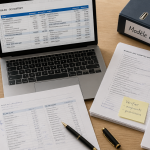 modele bilan sci gratuit sur bureau avec documents et ordinateur