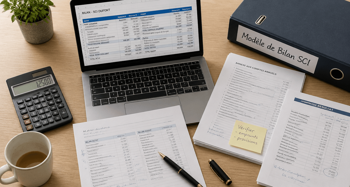 modele bilan sci gratuit sur bureau avec documents et ordinateur