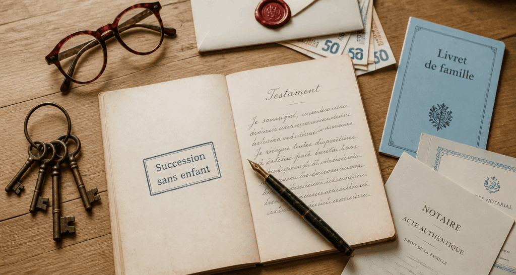 succession sans enfant avec testament, documents et clés sur table