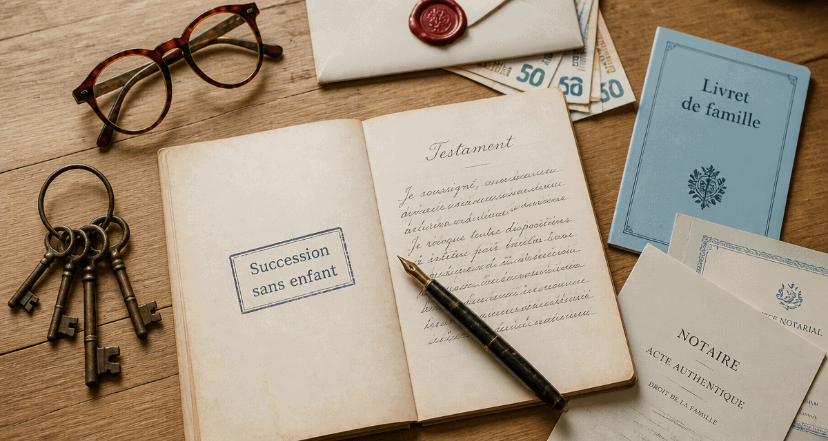 succession sans enfant avec testament, documents et clés sur table