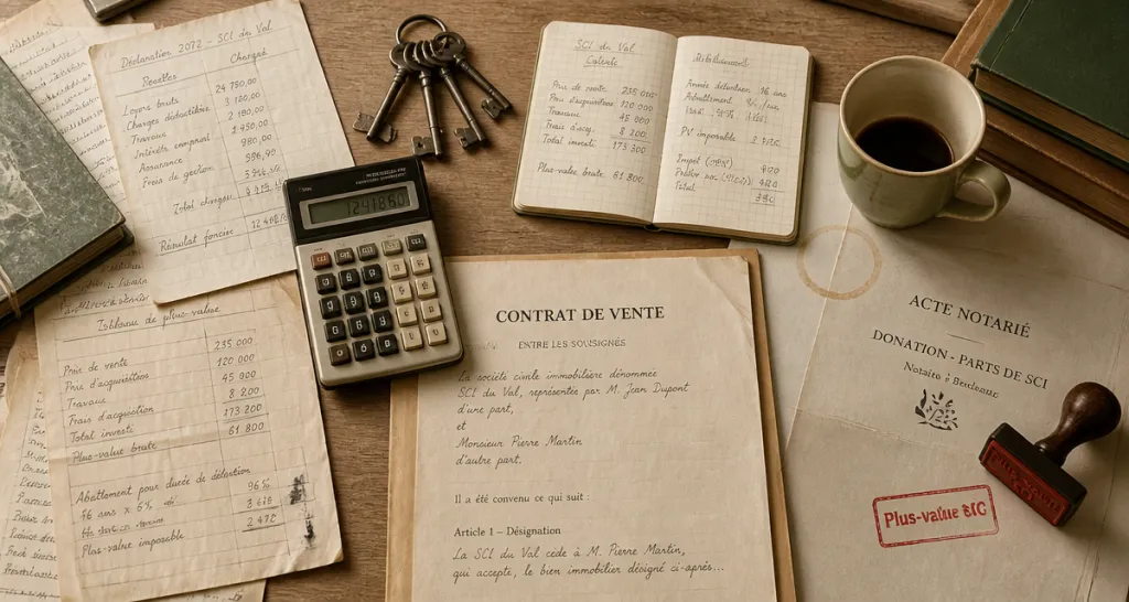 calcul plus value immobilière sci sur bureau avec documents fiscaux