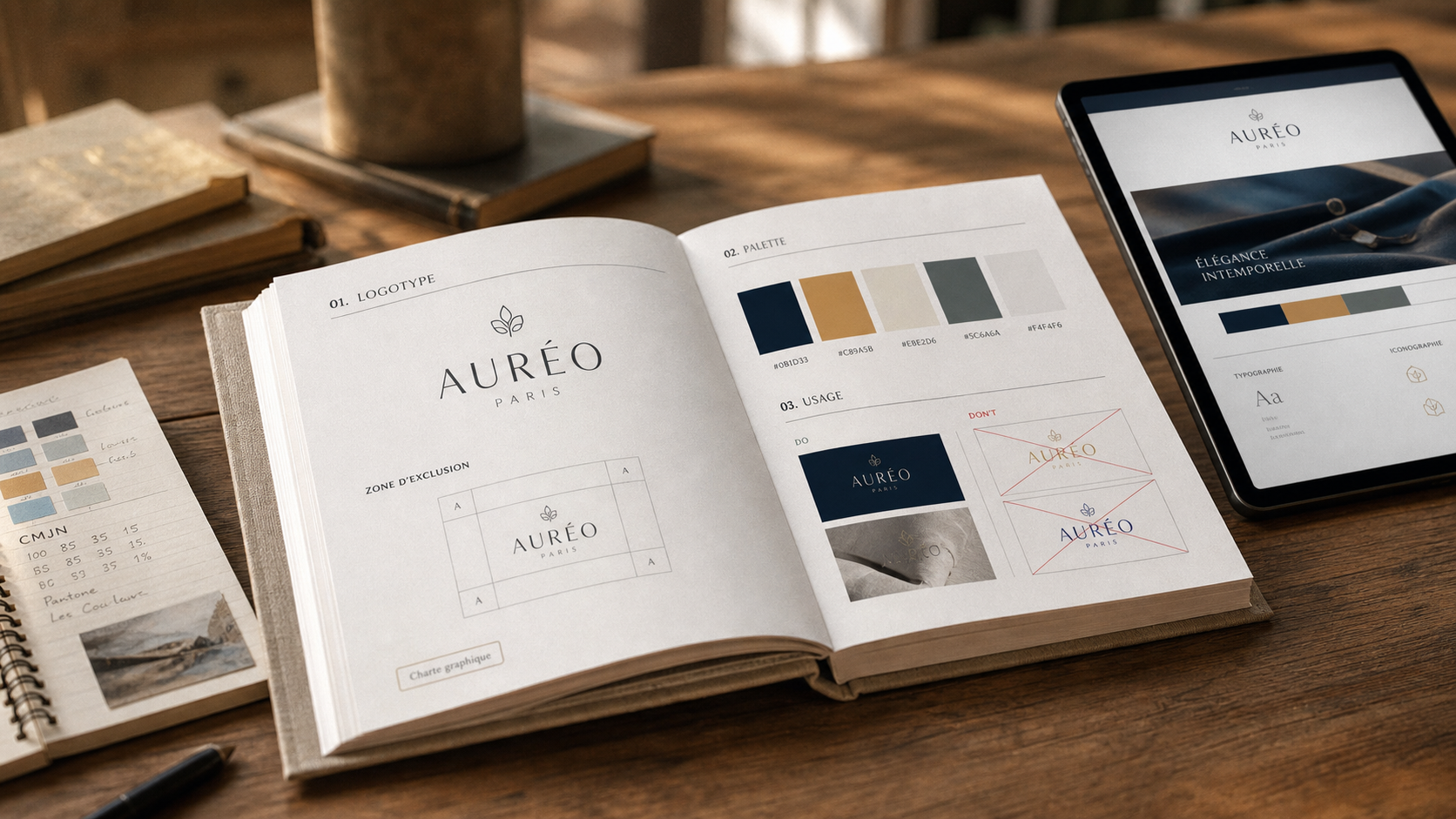 Charte graphique exemple : brand book, palette et do/don’t sur table