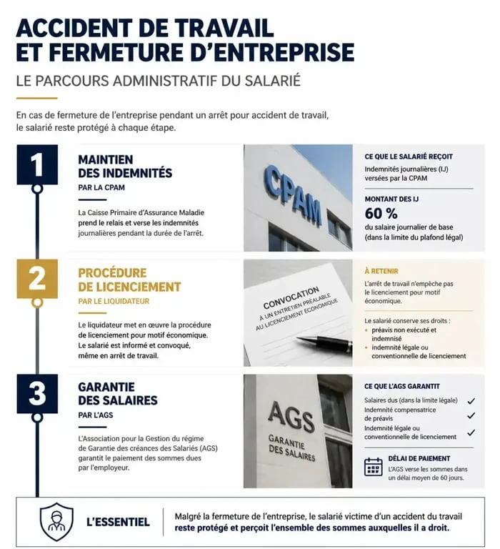 Infographie des démarches administratives pour un salarié en accident de travail et entreprise en fermeture