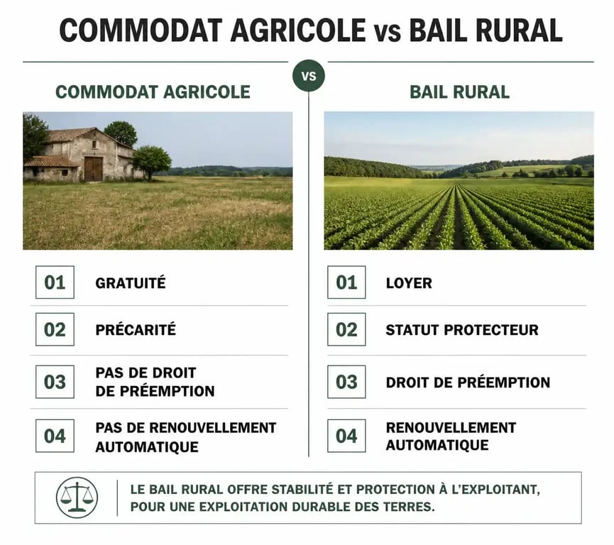 Tableau comparatif entre le commodat agricole et le bail rural pour comprendre les différences juridiques