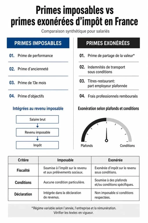 Tableau comparatif des primes imposables et exonérées pour l'imposition sur les primes en France