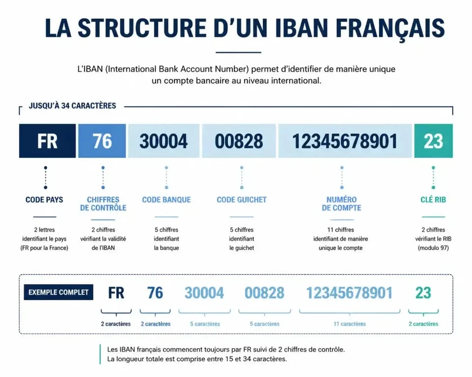 Schéma explicatif de la structure d'un IBAN pour vérifier un RIB et détecter les fraudes bancaires