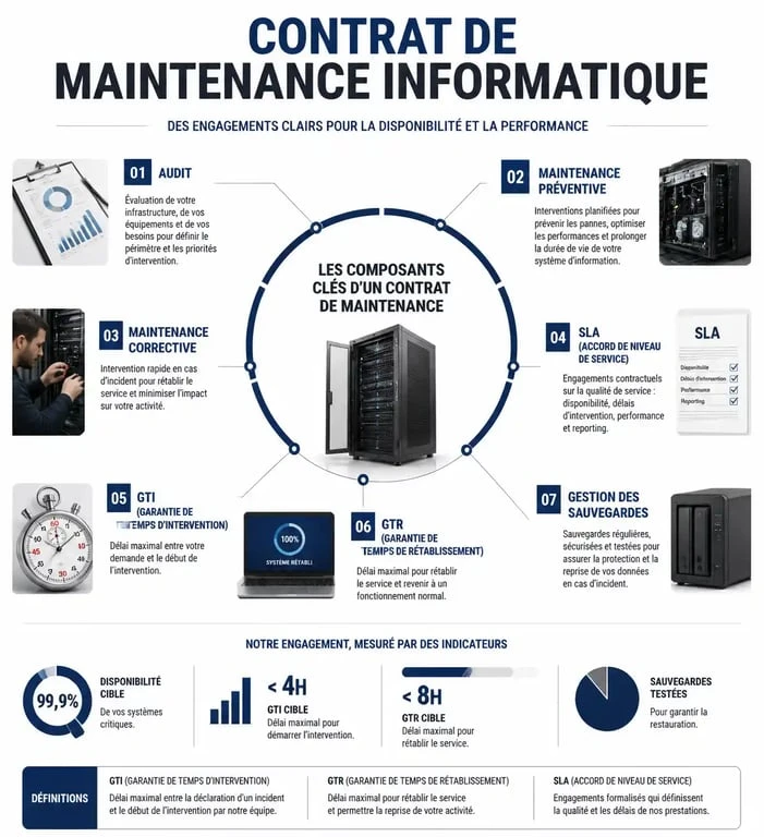 Infographie des éléments essentiels d'un devis de maintenance informatique pour entreprise