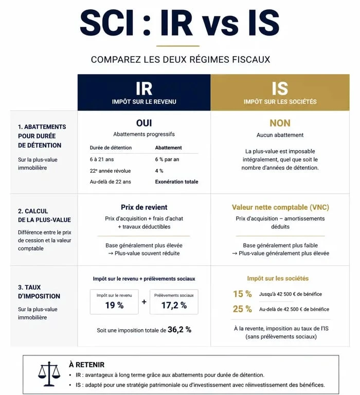 Comparatif fiscal SCI : IR vs IS pour le calcul de la plus-value immobilière