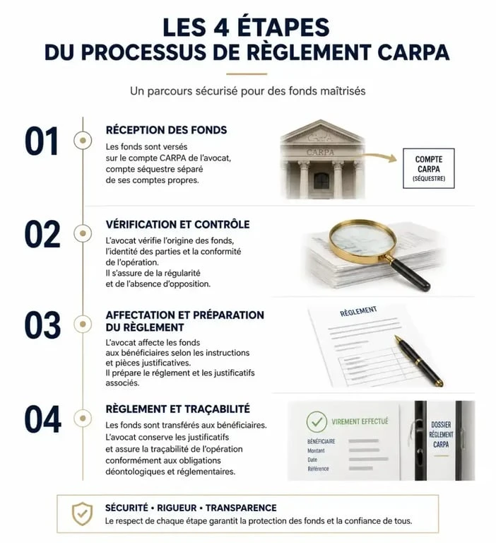 Infographie des délais de règlement CARPA et étapes du processus de virement