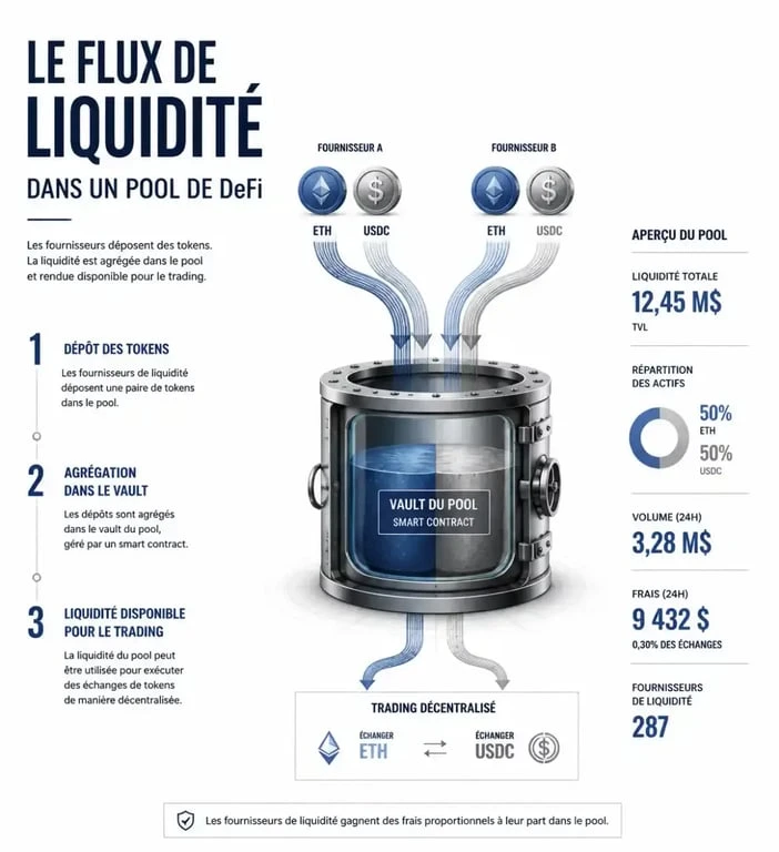 Schéma illustrant le fonctionnement d'une pool de liquidité en yield farming