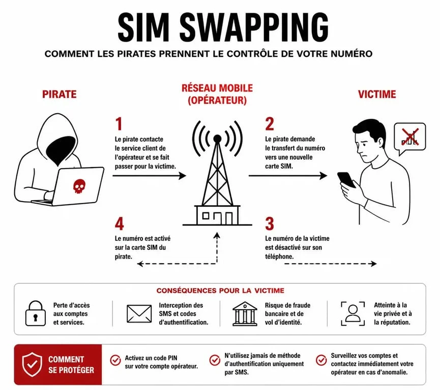 Schéma explicatif du fonctionnement du piratage de carte SIM par SIM swapping