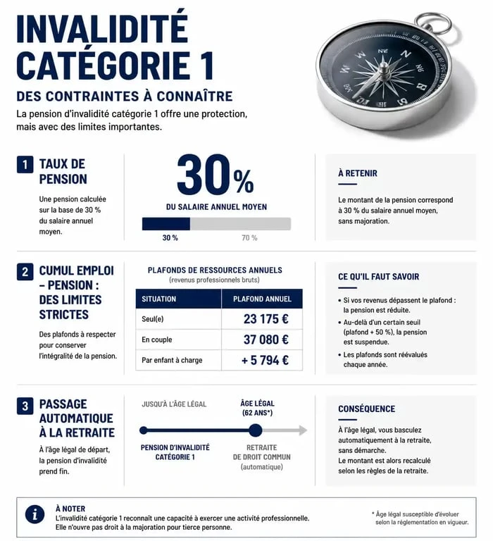 Infographie explicative des inconvénients et règles de l'invalidité catégorie 1