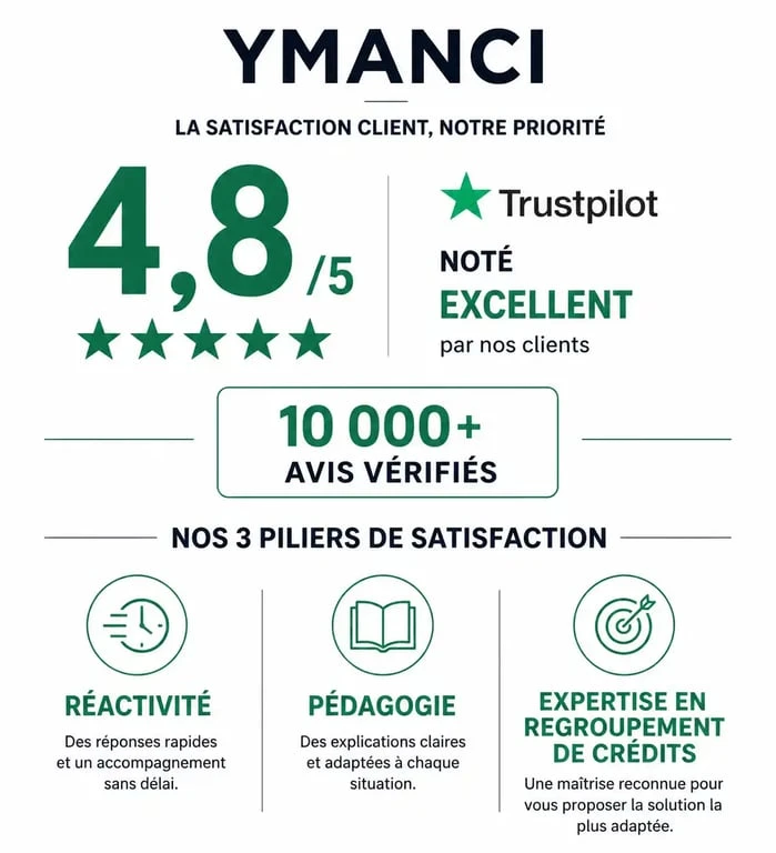 Infographie des avis clients Ymanci : 4,8/5 sur Trustpilot et 10 000 avis vérifiés pour le rachat de crédits