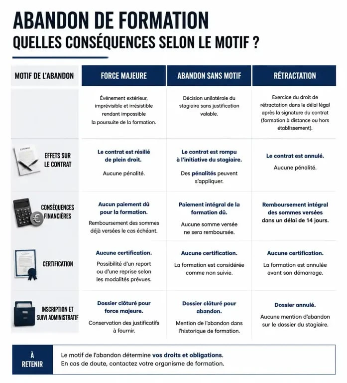 Infographie des conséquences financières et administratives en cas d'abandon de formation