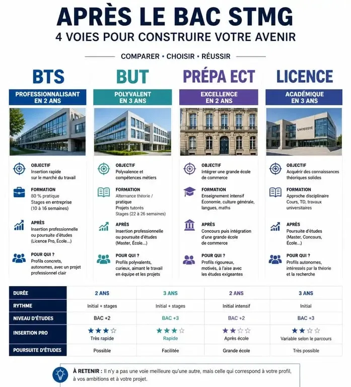 Infographie comparative des débouchés après un bac STMG : BTS, BUT, Prépa ECT et Licence