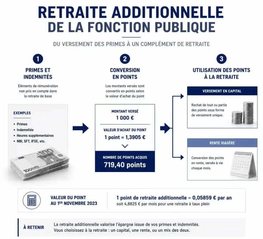 Schéma explicatif du fonctionnement de la retraite additionnelle de la fonction publique RAFP