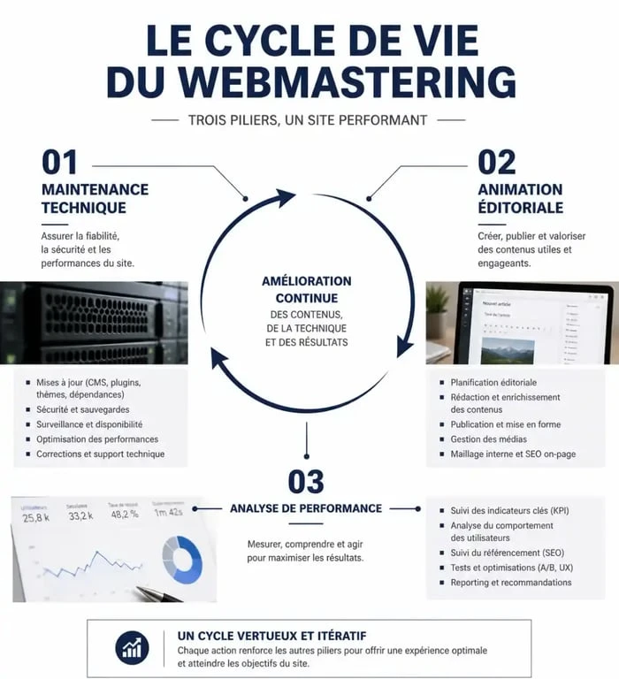 Infographie sur les missions du webmastering : maintenance, contenu et performance