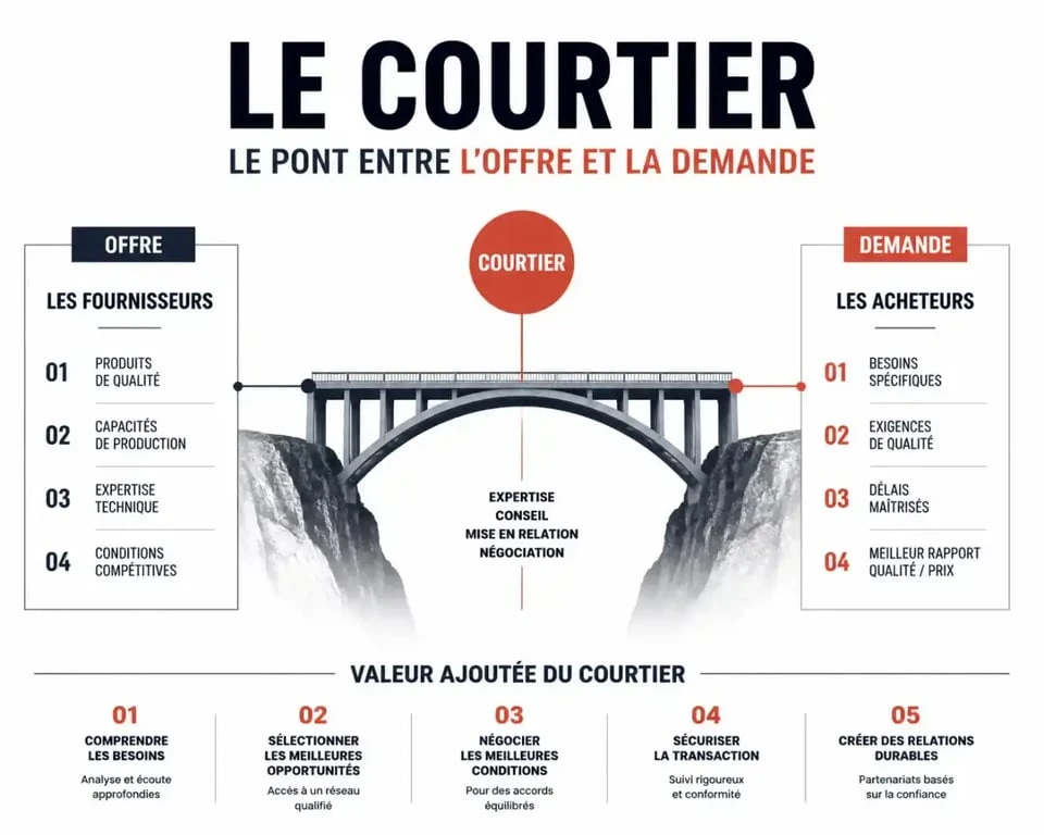 Schéma explicatif du rôle du courtier dans le courtage : mise en relation entre offre et demande