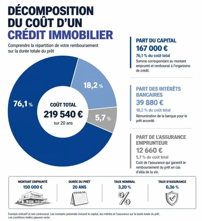 Infographie illustrant la composition du coût total d'un crédit immobilier : intérêts, assurance et capital