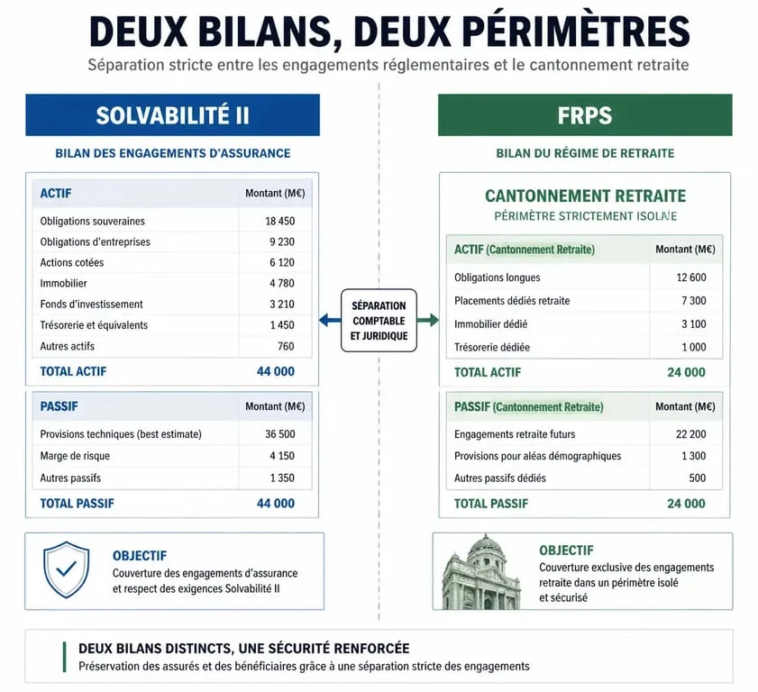 Schéma comparatif du cantonnement des actifs dans un FRPS par rapport à une gestion classique sous Solvabilité II