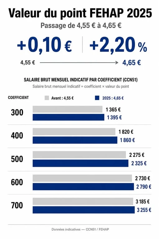 Infographie de l'augmentation de la valeur du point FEHAP 2025 et son impact sur les salaires CCN51