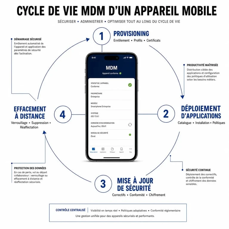 Schéma du cycle de vie d'une solution MDM pour la gestion de flotte mobile en entreprise