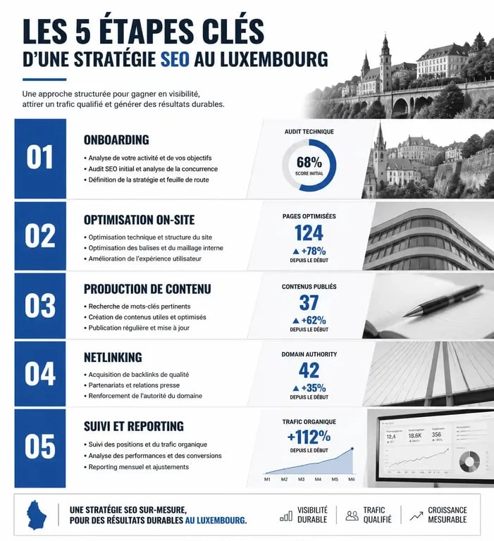 Infographie des étapes d'une stratégie SEO au Luxembourg par une agence spécialisée
