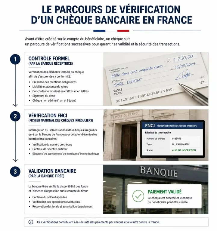 Infographie sur le processus de vérification réglementaire d'un chèque en France