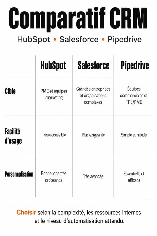 Infographie comparative des CRM HubSpot, Salesforce et Pipedrive pour aider à choisir le meilleur outil selon vos besoins.